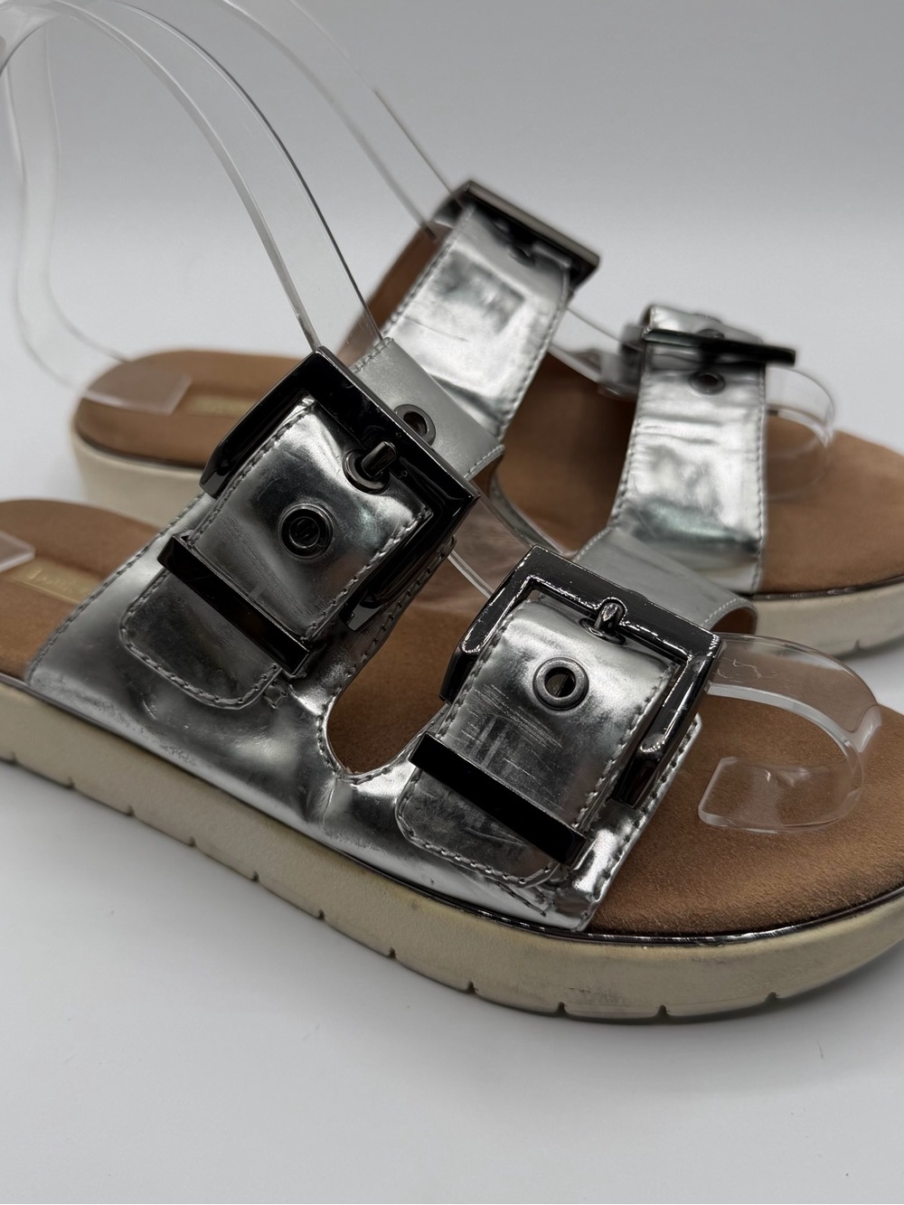 Louise et Cie Lo-Lairde Silver Metallic Double Buckle Slide Sandals 6M